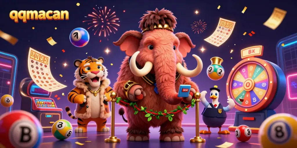 Enter the qqmacan casino realm with a vibrant scene featuring a woolly mammoth bouncer and a saber-tooth tiger
