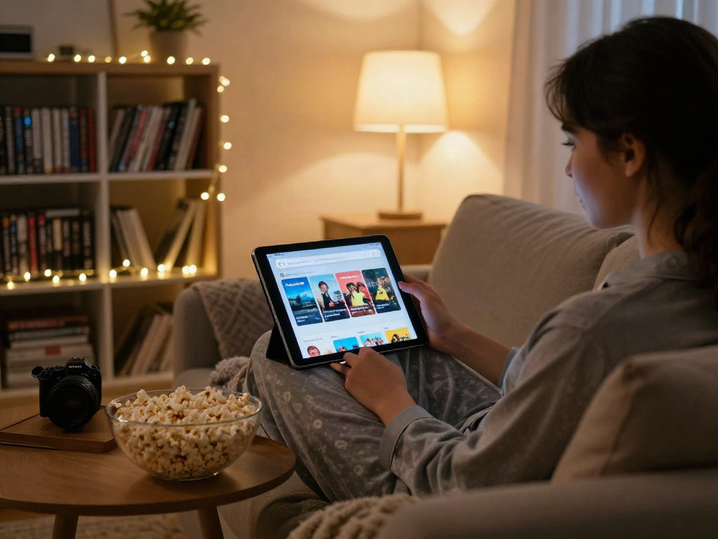 Enjoying the Moviebox app in a cozy living room with popcorn and ambient lighting.
