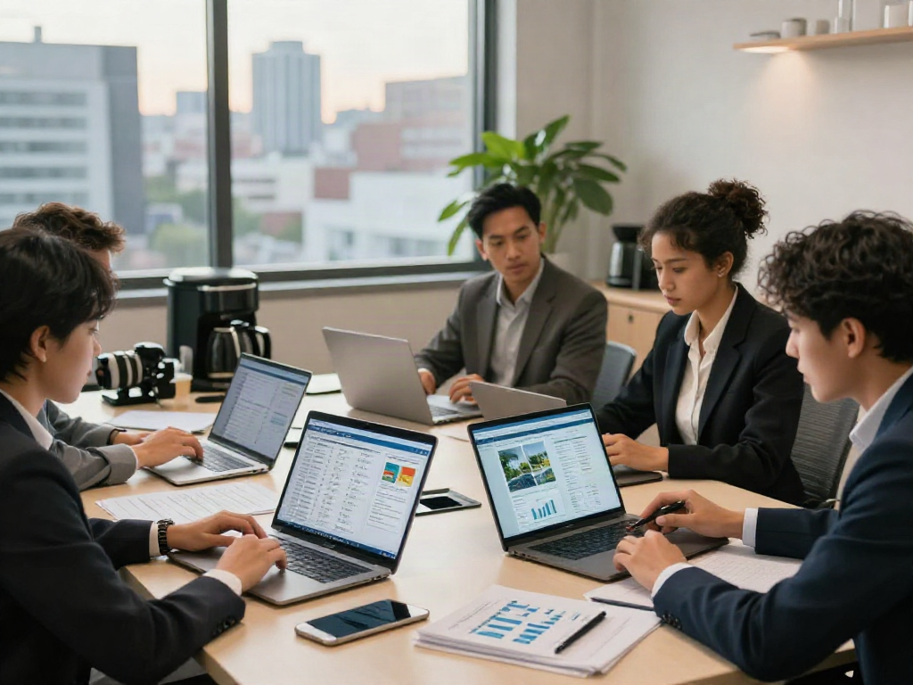 AJO88 tim profesional berkolaborasi dalam strategi investasi properti komersial di kantor modern.