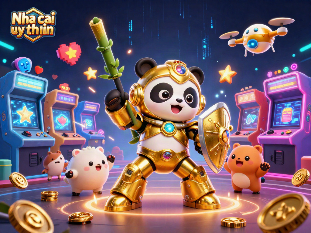 Nha cai uy tin showcases a vibrant 3D illustration of a panda piloting a robot in a gambling arena, surrounded by dynamic arcade games.