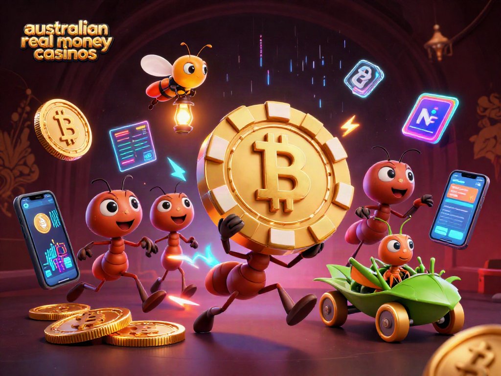 Experience the excitement of australian real money casinos with ants heisting a giant poker chip.