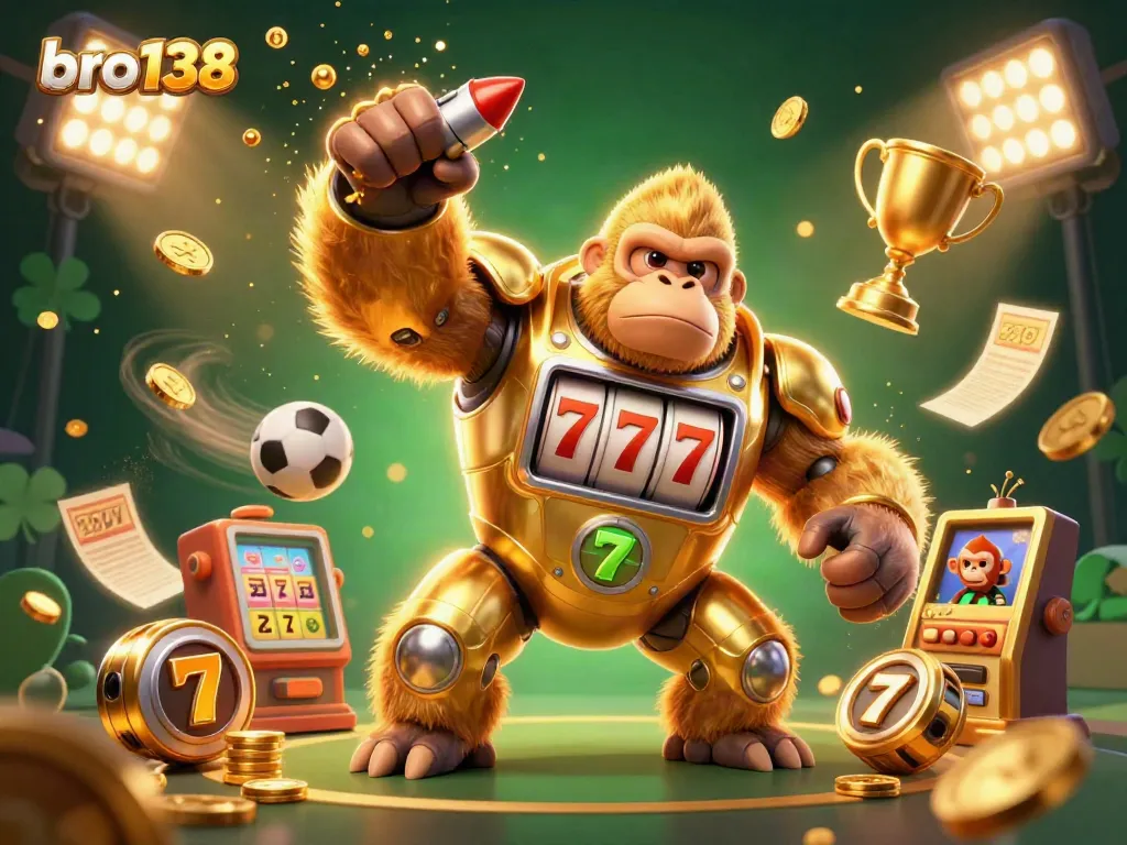 Experience thrilling gaming with bro138's golden gorilla mech and dynamic sports elements in this vibrant 3D illustration.