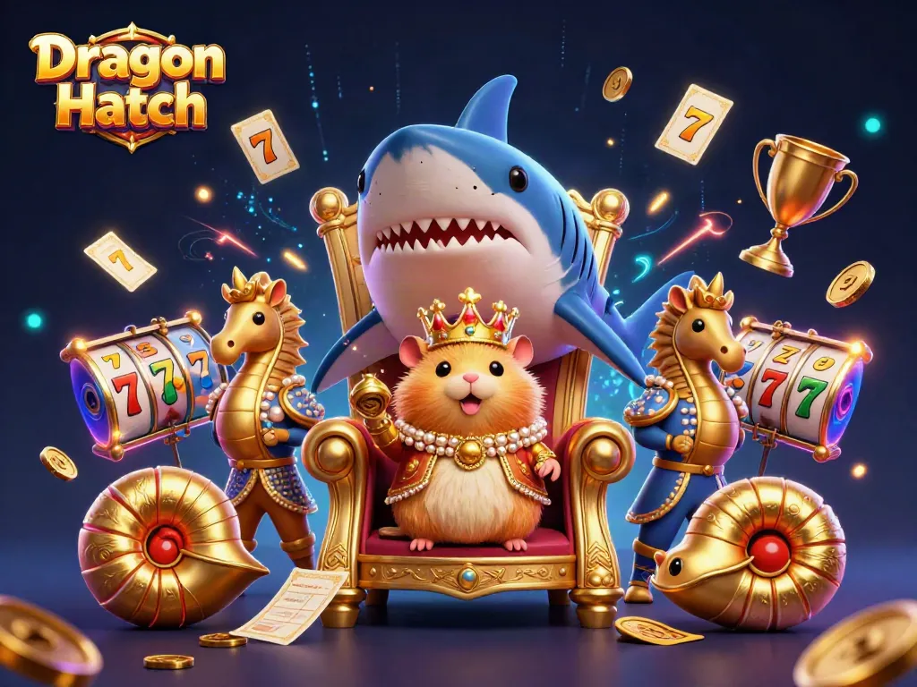 Experience Dragon Hatch with a fierce hamster king in a vibrant casino setting filled with gold coins and lucky symbols.