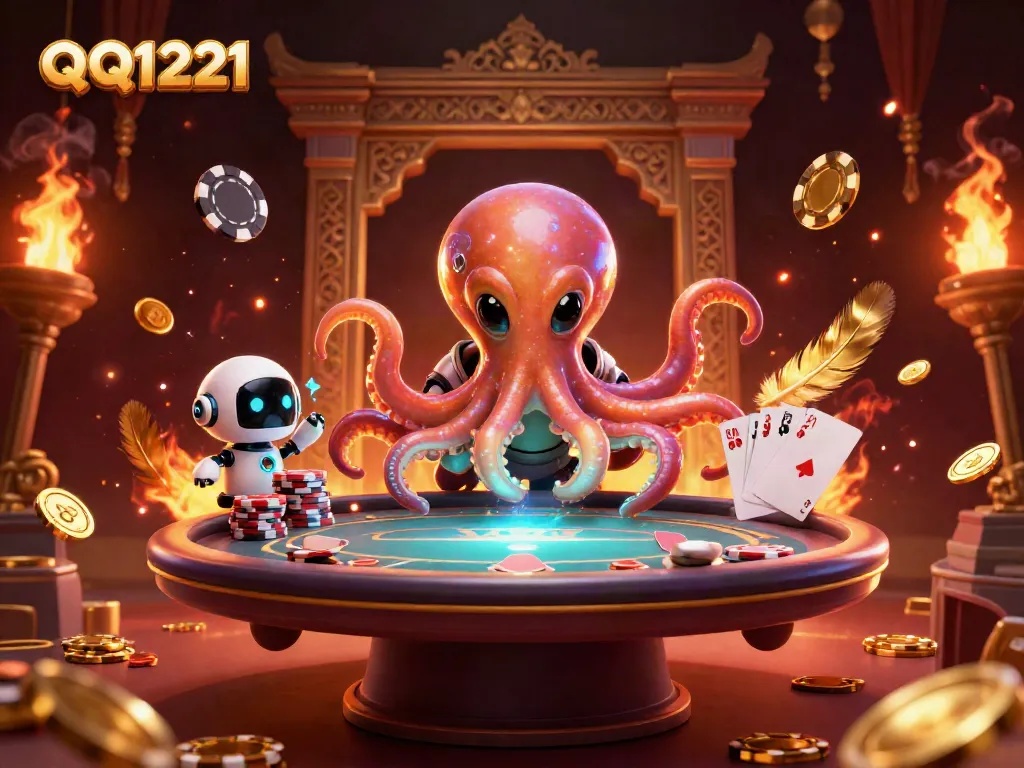 Experience the vibrant gaming universe of QQ1221 with an alien octopus at a holographic poker table, engaging players in a cosmic casino.