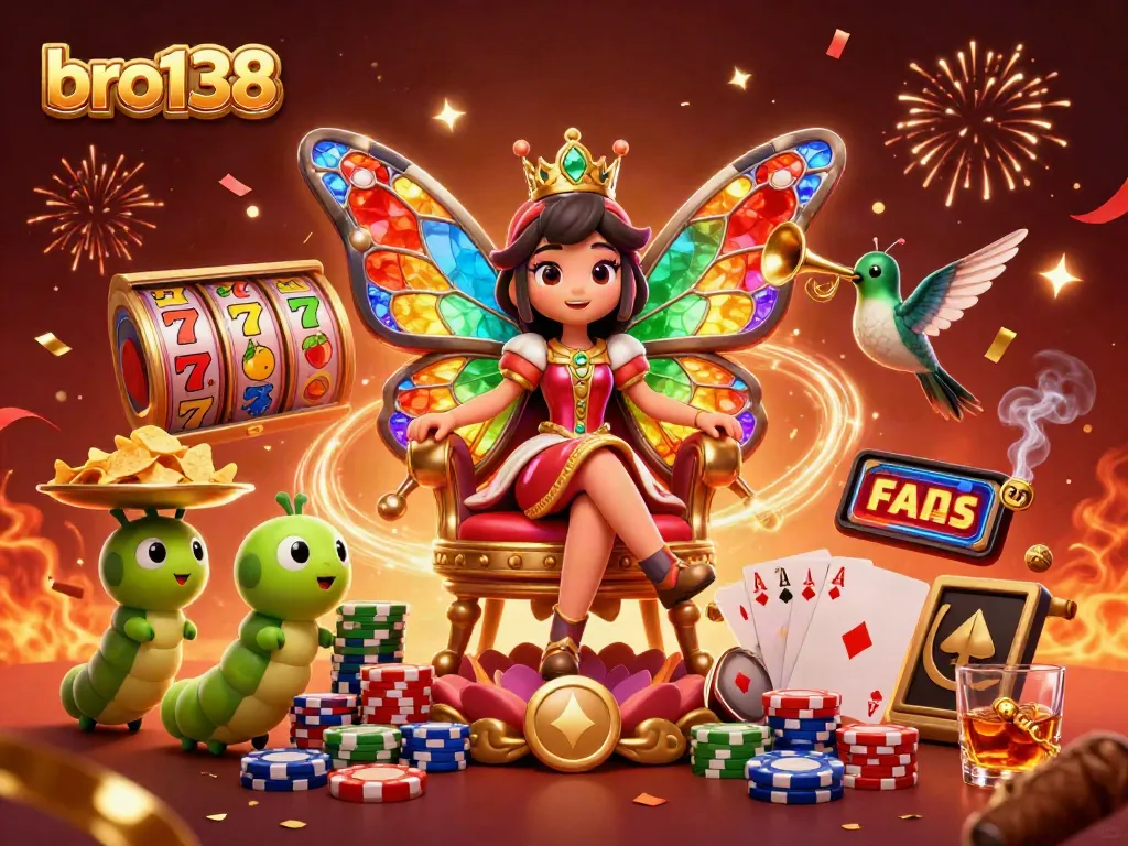Experience the thrill of bro138 with colorful slot reels and a butterfly queen in a 3D casino scene.