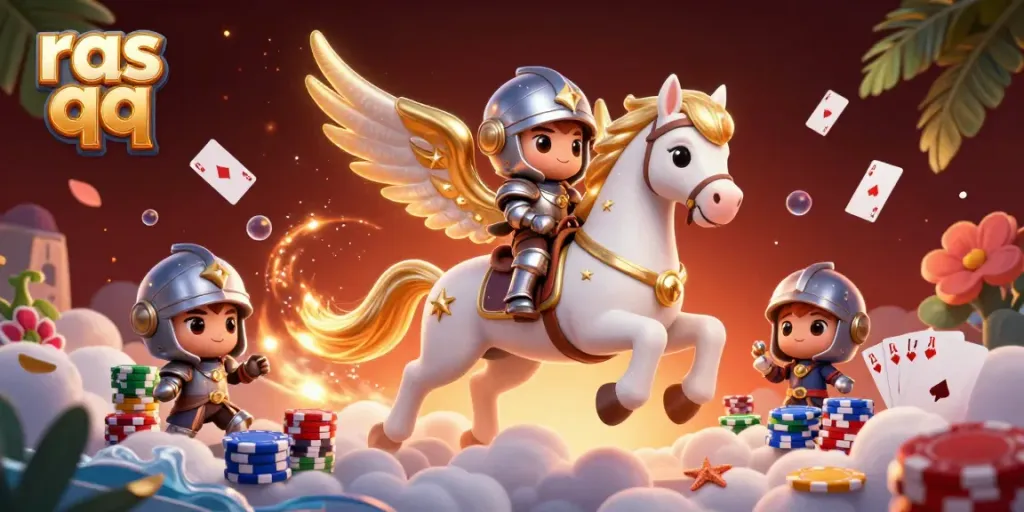 Experience thrilling action at Ras QQ, a vibrant casino scene with a celestial knight and poker elements.