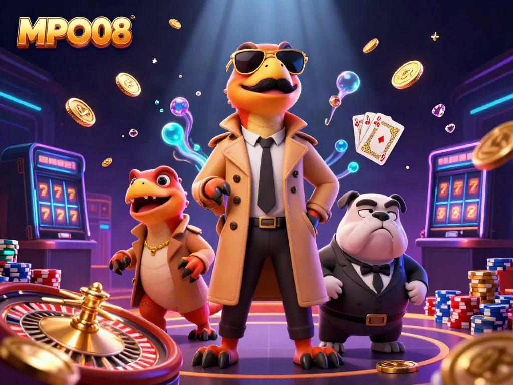 Engage in thrilling online casino experiences with MPO08's vibrant 3D illustration showcasing raptors at a VIP lounge.