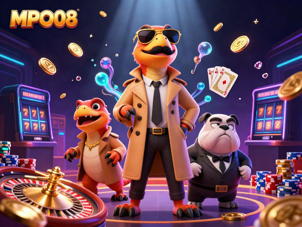 Engage in thrilling online casino experiences with MPO08's vibrant 3D illustration showcasing raptors at a VIP lounge.