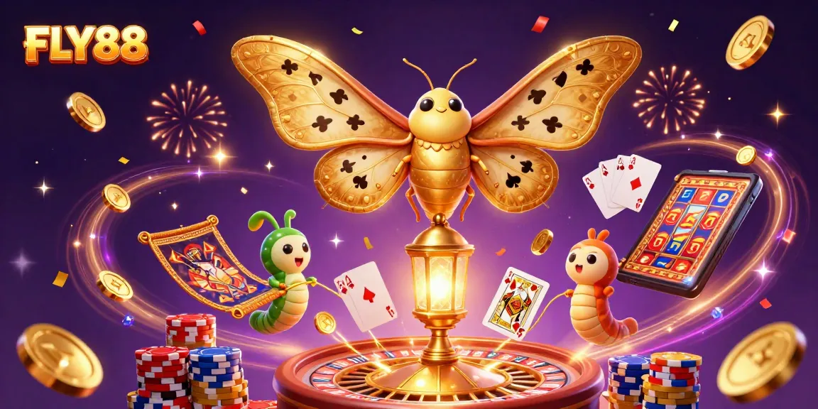FLY88's exciting gaming scene with vibrant casino elements and dazzling jackpot moments