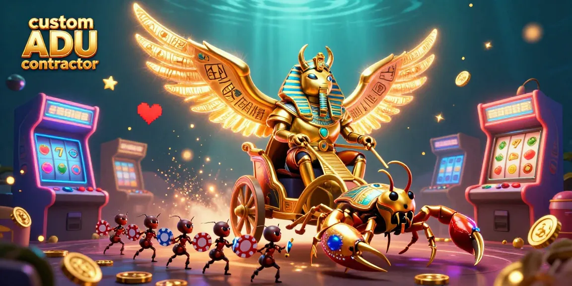 Engage with gaming excitement through this custom ADU contractor illustration featuring vibrant casino elements.
