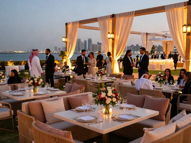 Event furniture rental showcasing an elegant outdoor setup with luxurious seating and floral arrangements in Saudi Arabia.