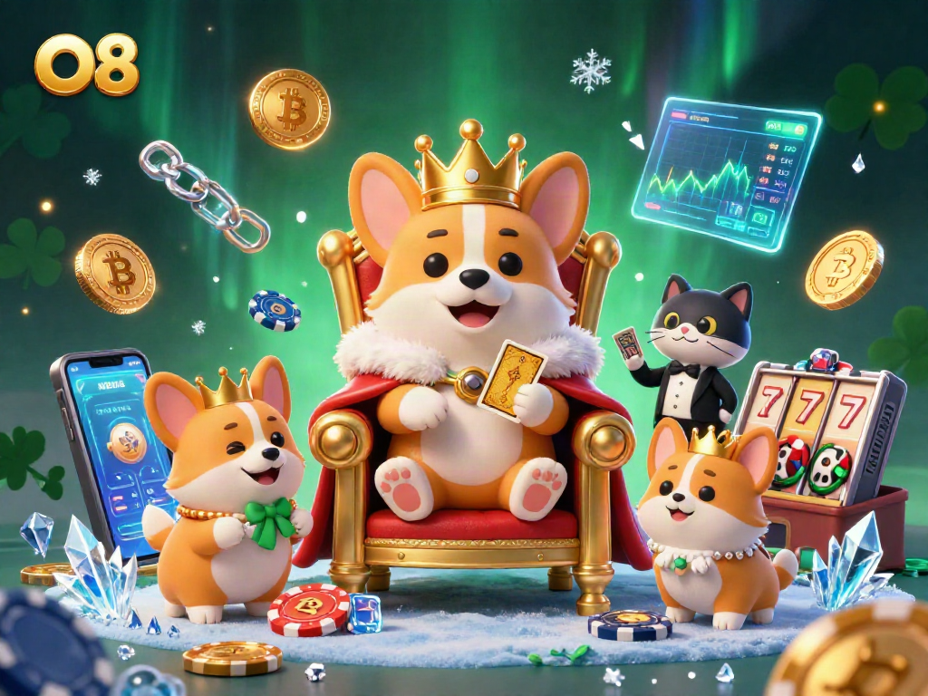 O8 creates a royal gaming experience with a corgi king, crypto coins, and casino elements.