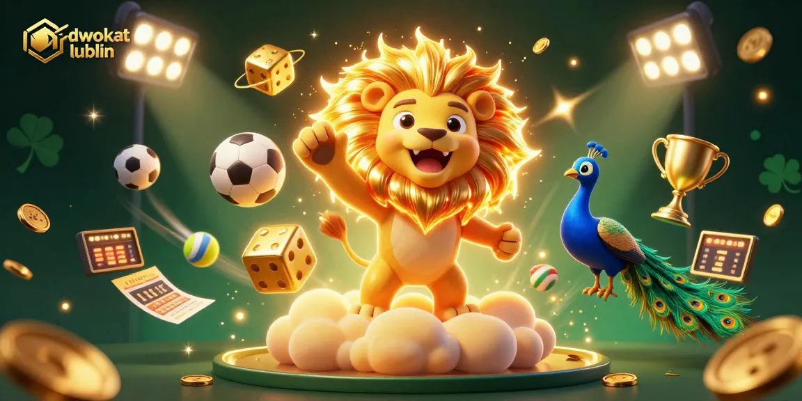 Engage with adwokat lublin in an action-packed visual featuring a cartoon sun lion and dynamic sports elements.