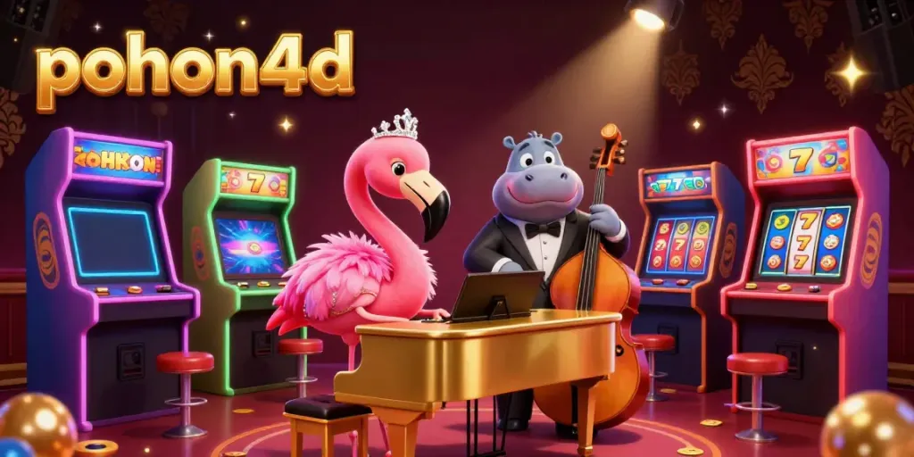 Experience the excitement at pohon4d with a lively 3D casino scene featuring a flamingo singer and hippo bassist.
