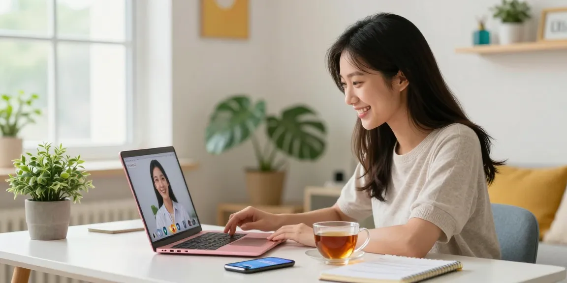 Engaging in a pink live chat in a cozy home office, showcasing real-time connection.