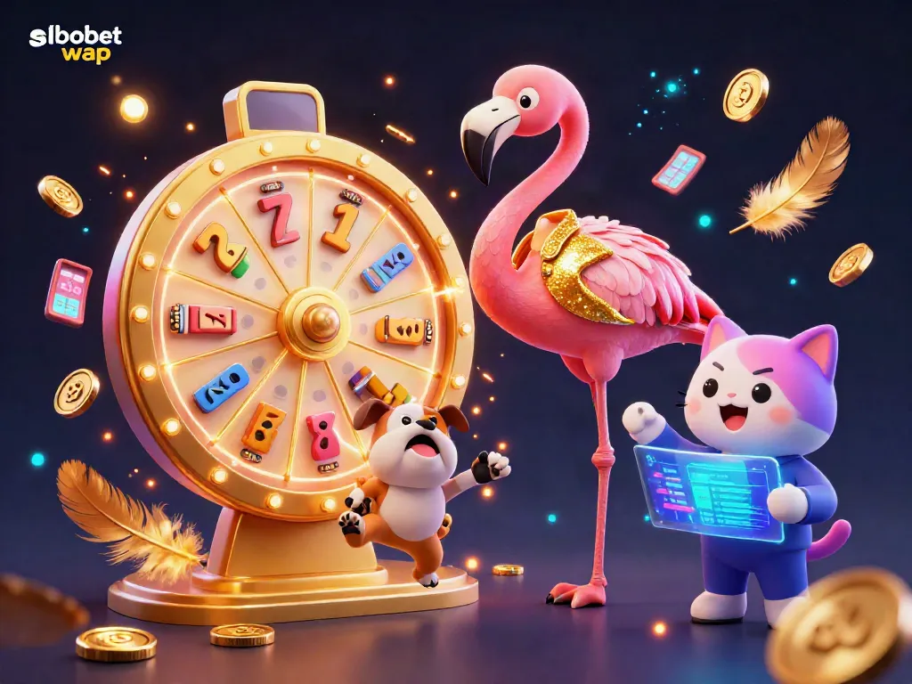 Engage in sbobet wap mobile betting with a vibrant animated scene featuring a flamingo, bulldog, and cat assistant.