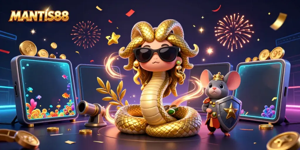 MANTIS88 showcases an engaging fish shooting game scene with a friendly Medusa and mouse characters among underwater elements.