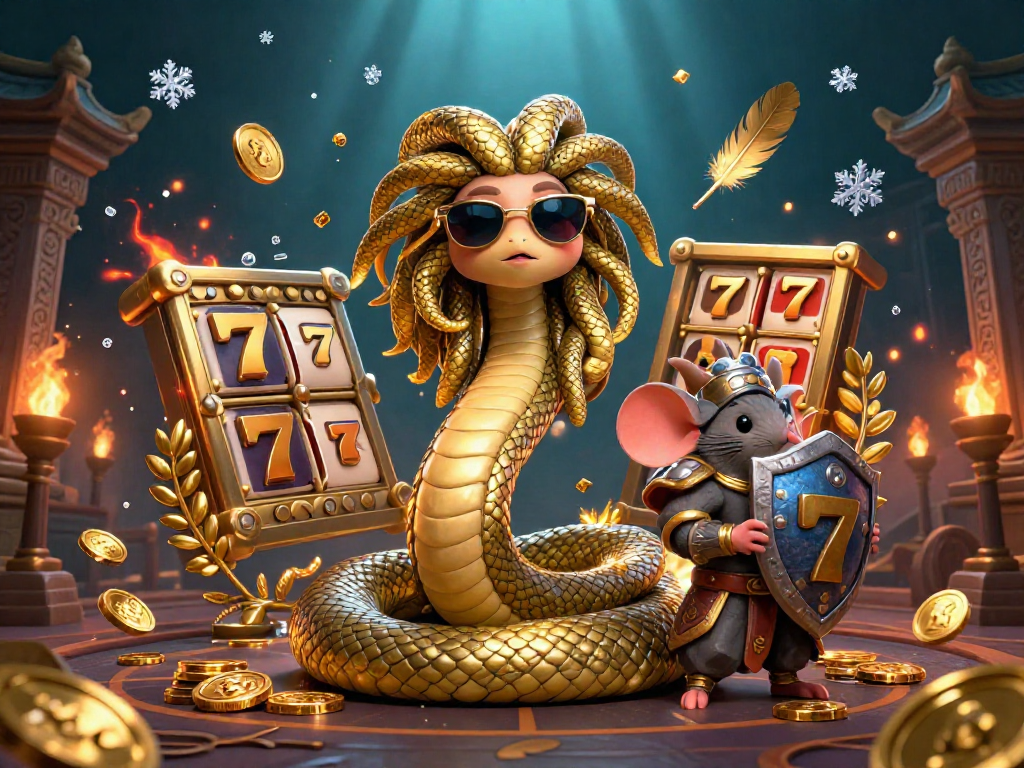 Engage in thrilling slots with nohuday's vibrant Medusa and warrior characters amidst a dynamic scene.