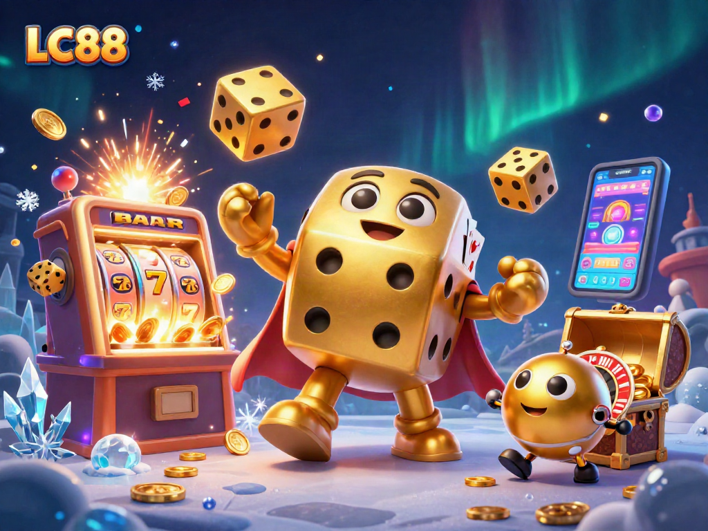 Experience exciting wins with LC88 in this rich casino-themed 3D illustration.