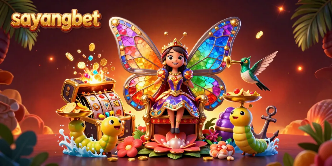 Experience rich gaming with sayangbet's vibrant illustration of a butterfly queen, chips, and treasures.