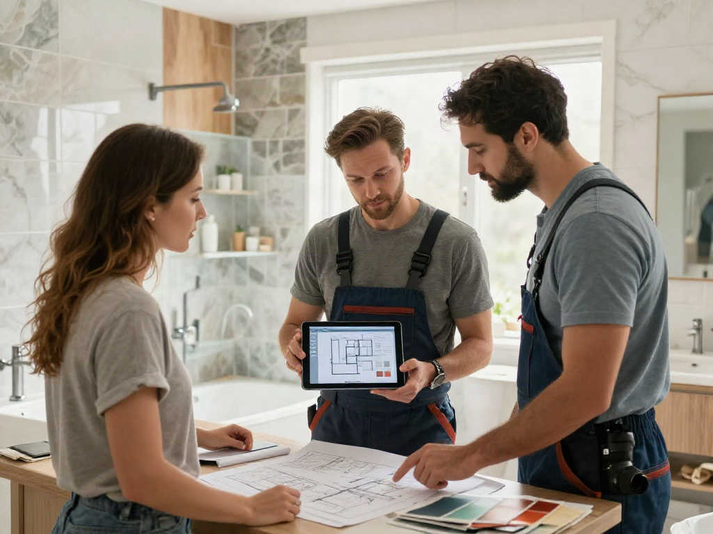 Engaging consultation with a kirkland bathroom remodeling contractor, showcasing design options and materials
