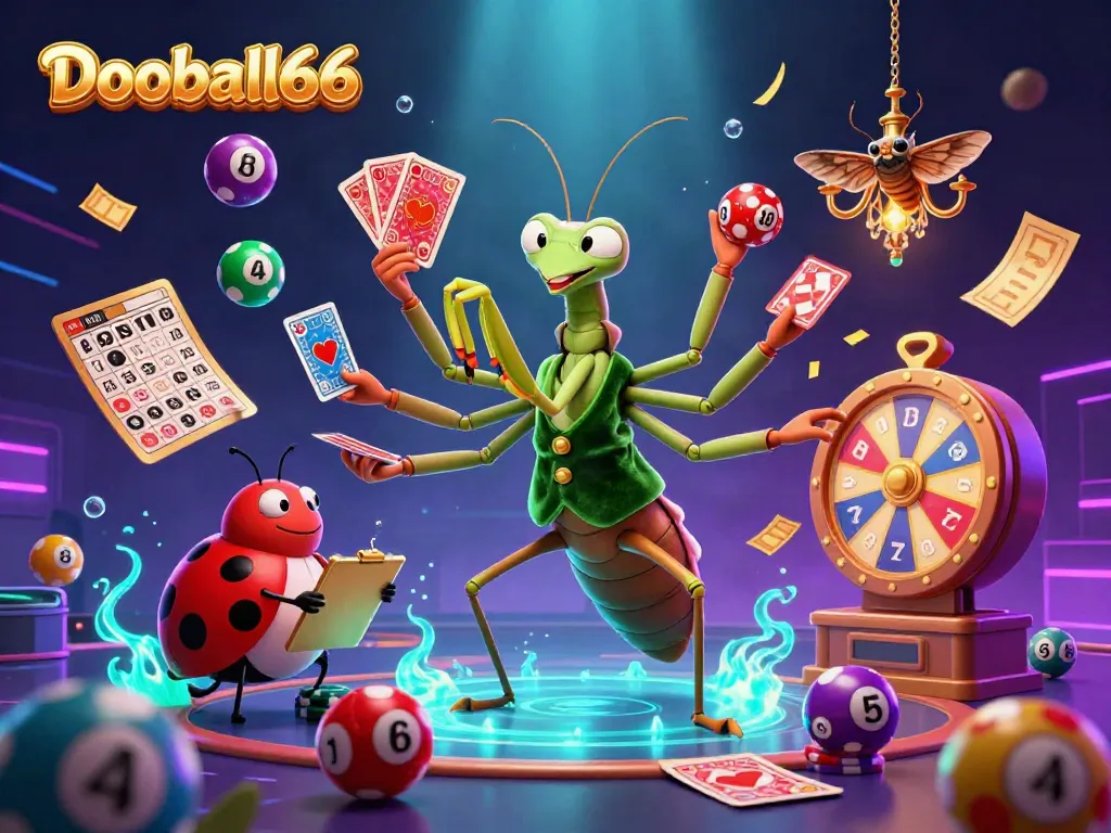 Experience immersive gambling with Dooball66, featuring dynamic cartoon characters in a vibrant casino scene.