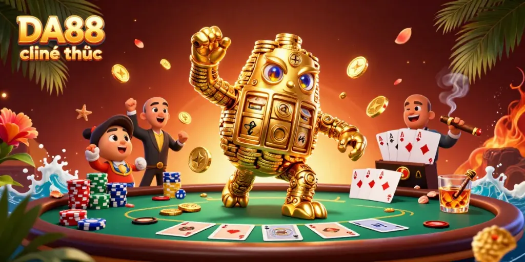 Engage with the dynamic DA88 chính thức scene featuring a golden golem and poker elements.