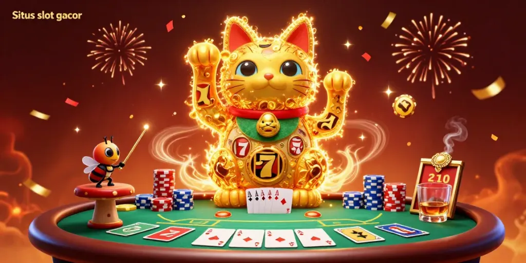 Experience the excitement of Situs slot gacor with vibrant casino elements, lucky symbols, and animated characters.