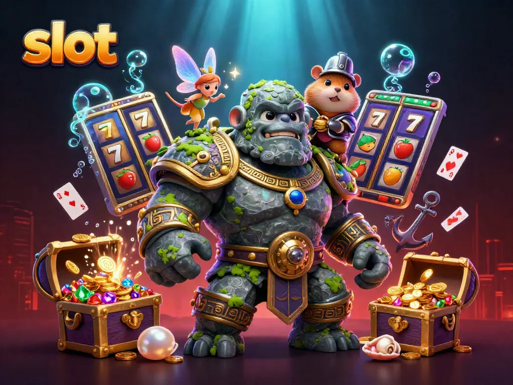 Slot menjadi hidup dalam ilustrasi 3D, golem kuno dan peri sihir berteman, dikelilingi simbol permainan.