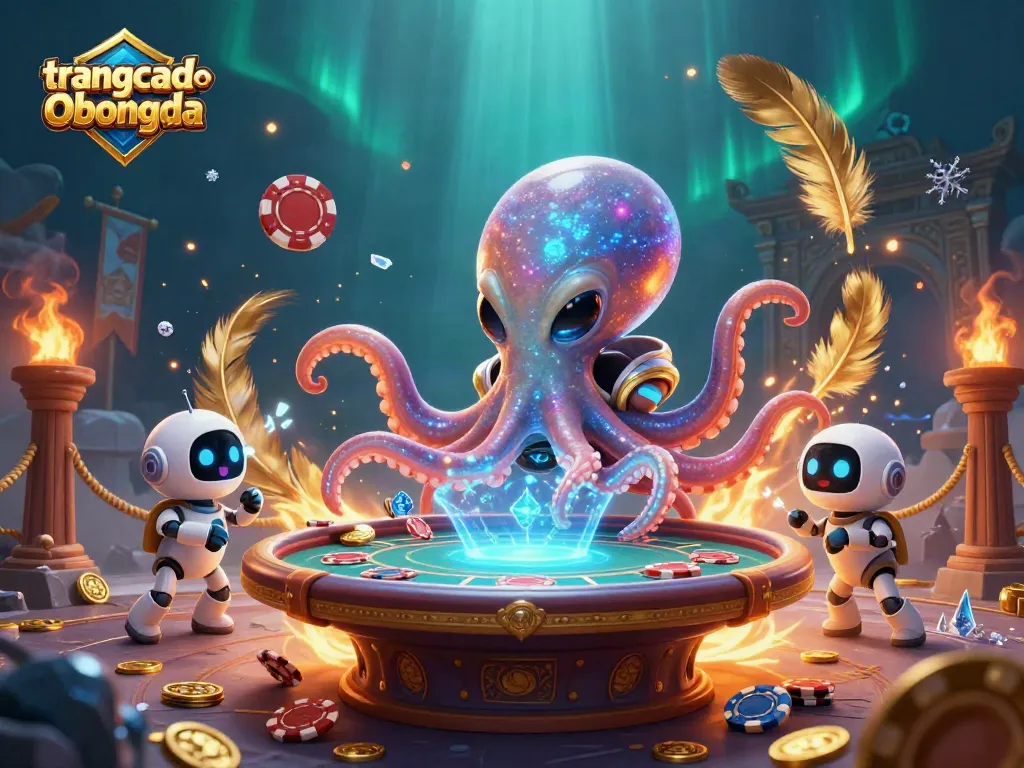 Experience the excitement of trangcadobongda with a vibrant 3D poker scene featuring lively aliens and cosmic elements.