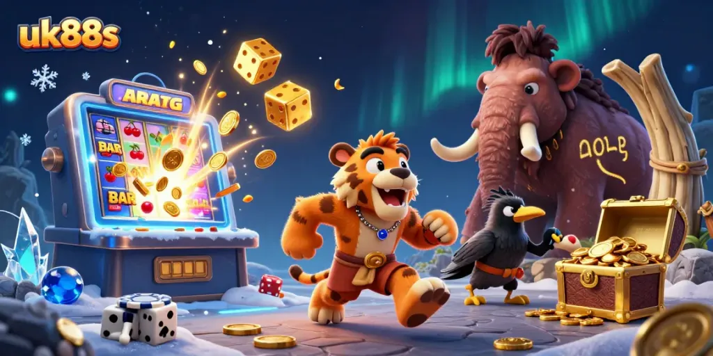 Playing casino games at uk88s, featuring cavemen and a sabertooth tiger in a vibrant 3D scene.