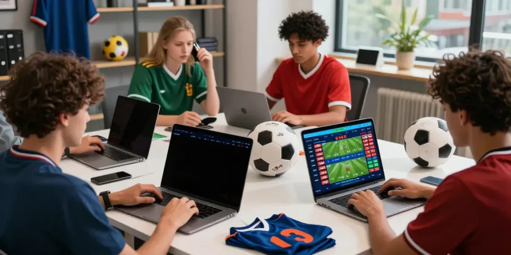 WWBOLA online sports betting atmosphere with users engaged, showcasing dynamic odds and football memorabilia.