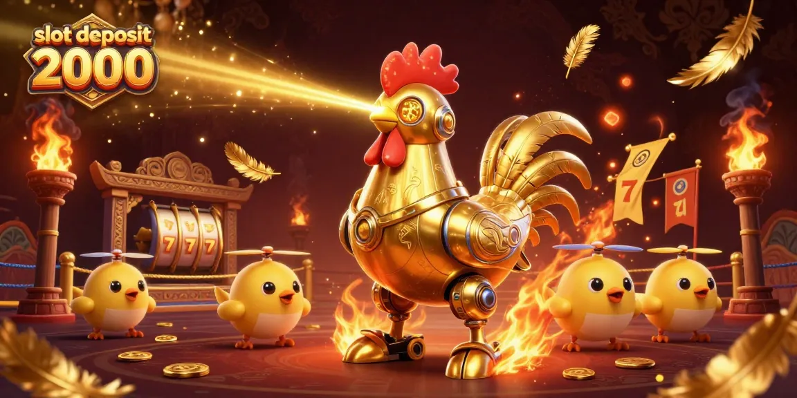 Engage with slot deposit 2000 through vibrant 3D illustration of a golden rooster robot and dynamic casino elements.