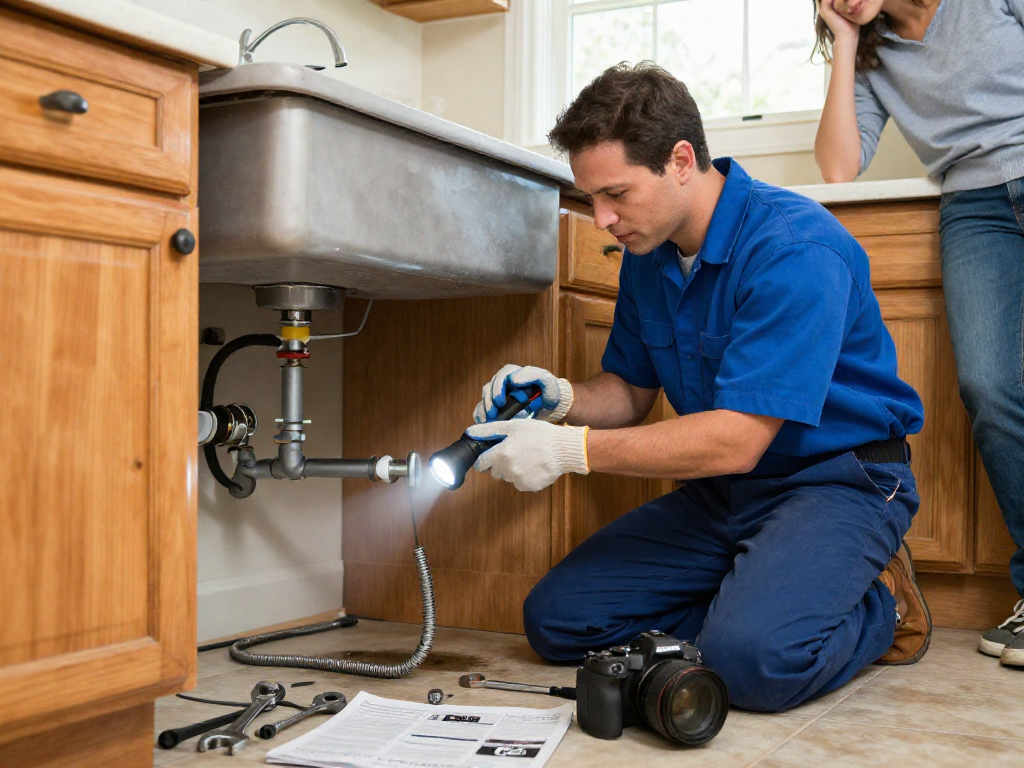 Leak repair Fort Worth by a professional technician under a kitchen sink, showcasing tools and warm surroundings.