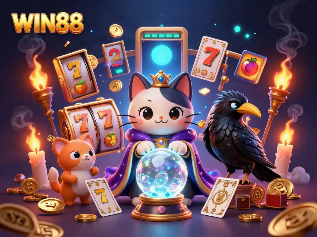 WIN88 offers thrilling slot adventures with vibrant casino elements and magical characters.