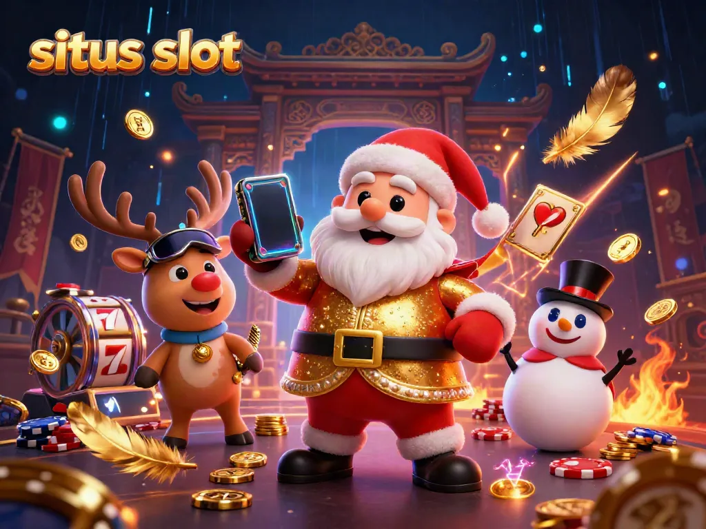 Engage in thrilling sites slot games with Santa, as friends cheer amidst golden coins and vibrant symbols.