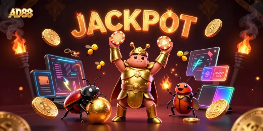 Experience thrilling gaming at AD88 with a victorious cartoon beetle and dazzling casino elements.