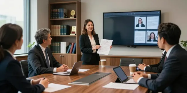 Karen McCleave lawyer presenting in a conference room with diverse legal professionals discussing case strategies.