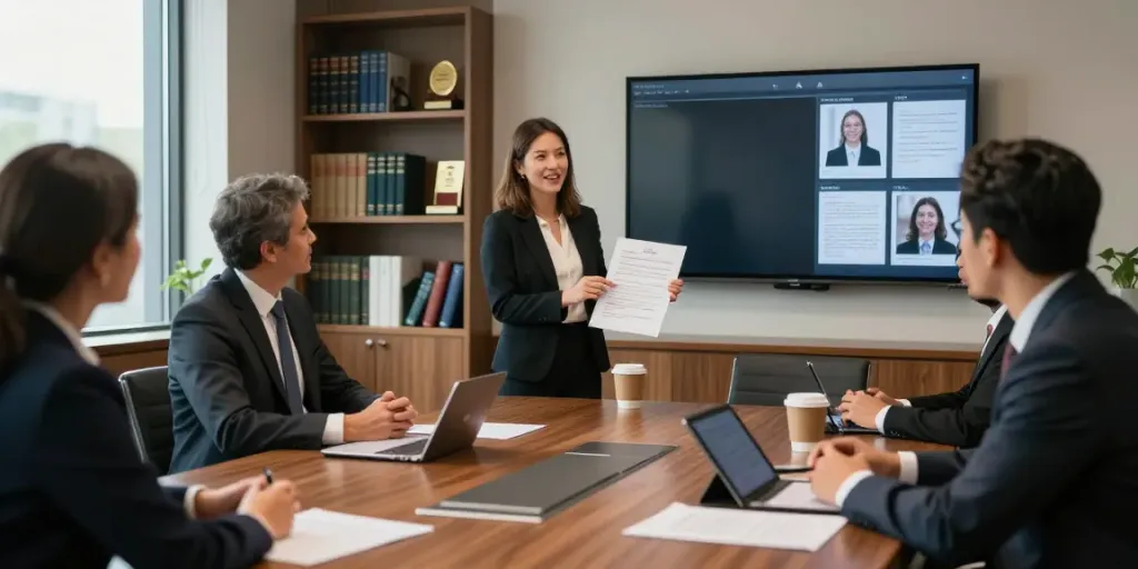 Karen McCleave lawyer presenting in a conference room with diverse legal professionals discussing case strategies.