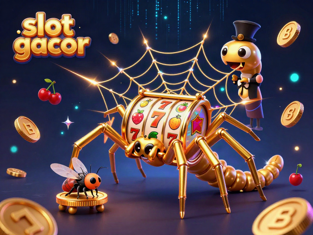 Experience slot gacor excitement with this vibrant 3D casino illustration featuring a golden spider and engaging game elements.