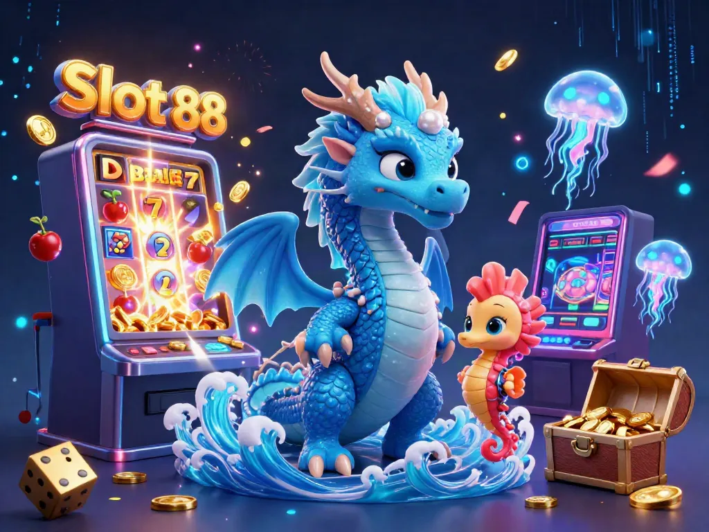Spin and win with Slot 88 in this vibrant 3D illustration featuring dynamic casino elements.
