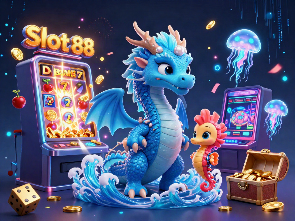 Spin and win with Slot 88 in this vibrant 3D illustration featuring dynamic casino elements.