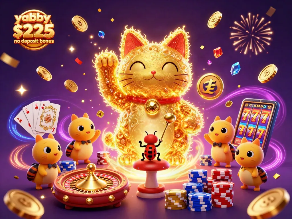 Experience amazing wins with the yabby casino $225 no deposit bonus showcased in a vibrant 3D casino scene.