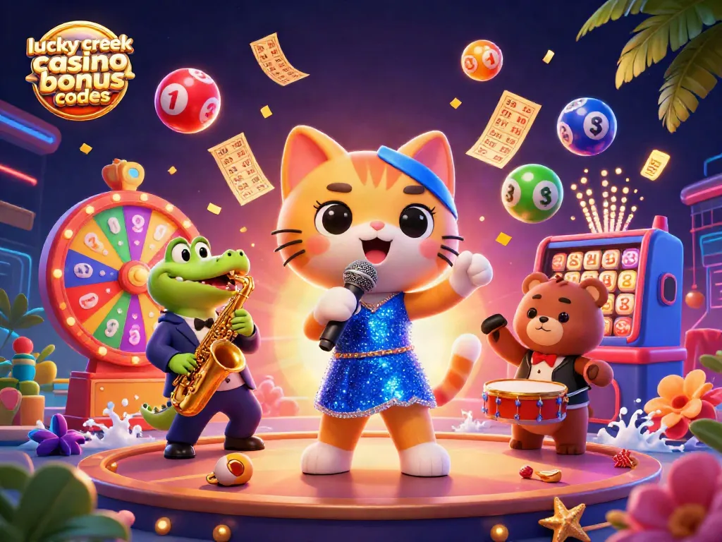 Engage with current lucky creek casino bonus codes in a vibrant 3D casino illustration with themed characters.