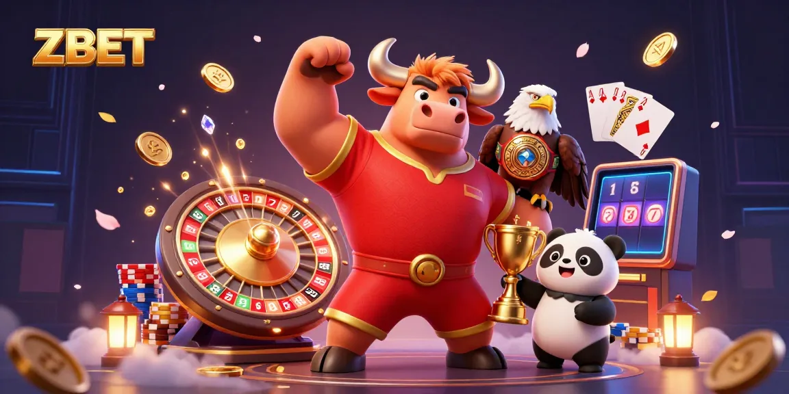ZBET showcases exciting casino elements with a bull, eagle, and panda celebrating amidst sparkling coins and game symbols.