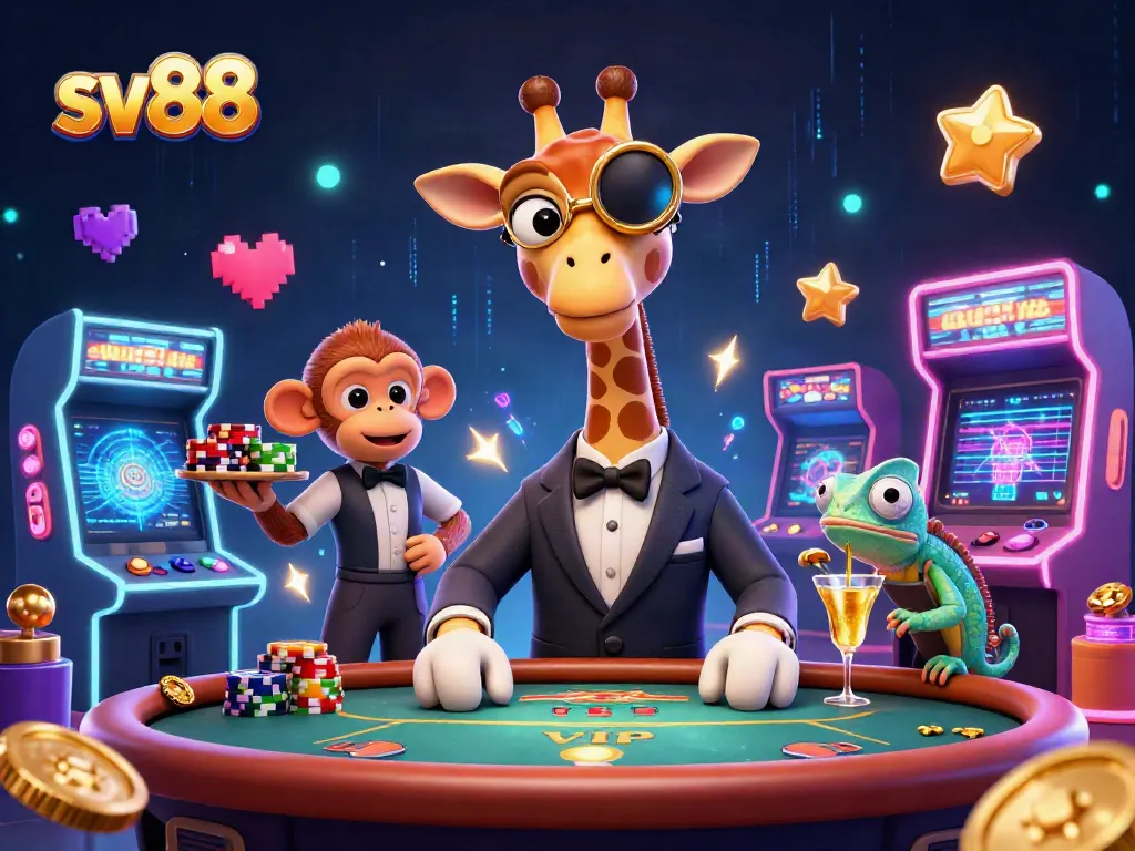 Win big at sv88 with a whimsical 3D cartoon illustration showing a high-roller giraffe at a casino table.