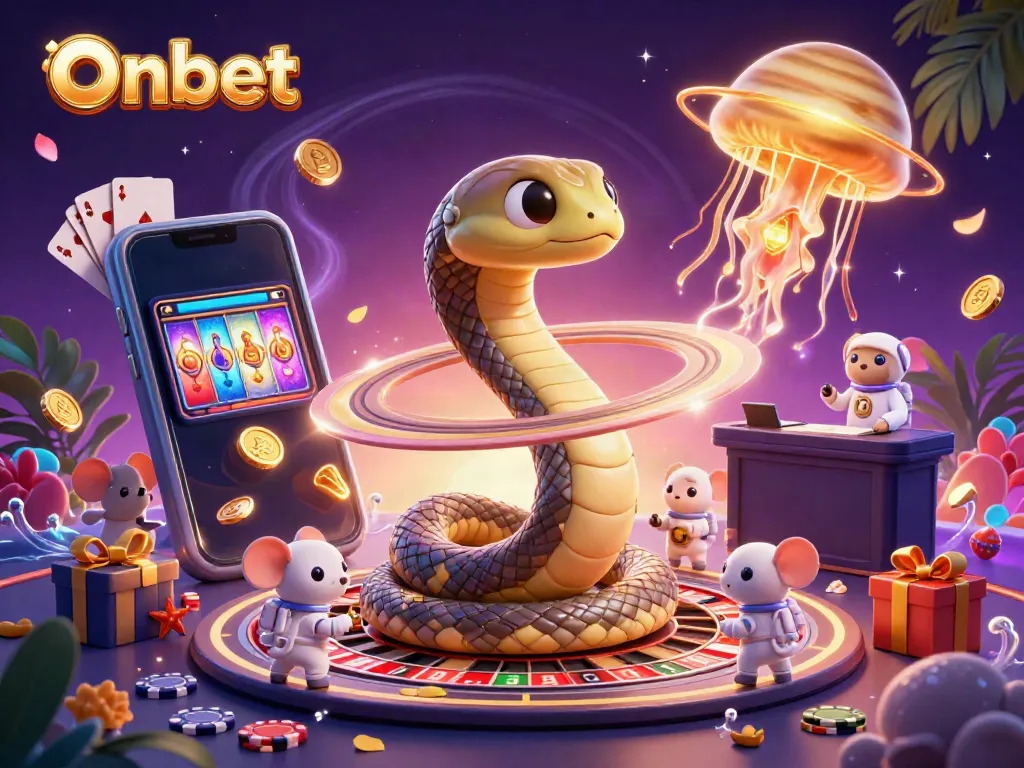 Experience thrilling gameplay with Onbet as the Saturn ring snake entertains players in a cosmic casino scene.