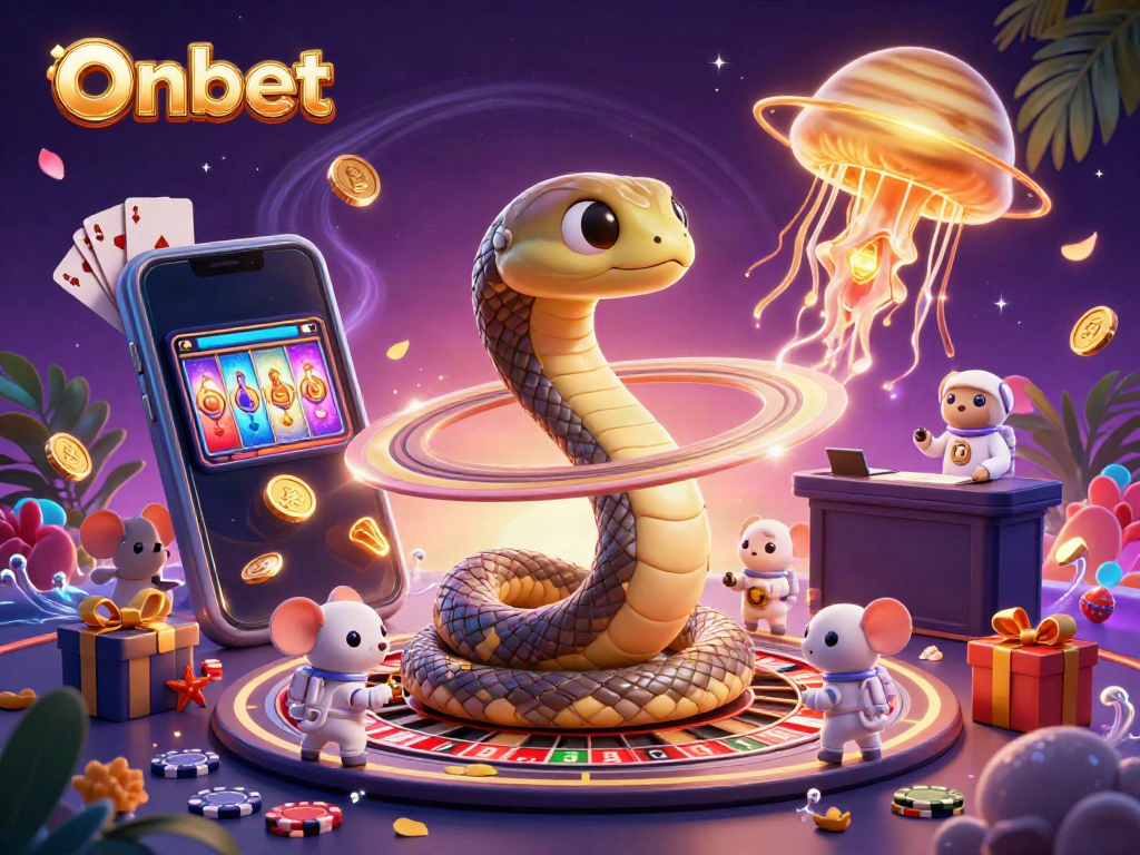 Experience thrilling gameplay with Onbet as the Saturn ring snake entertains players in a cosmic casino scene.