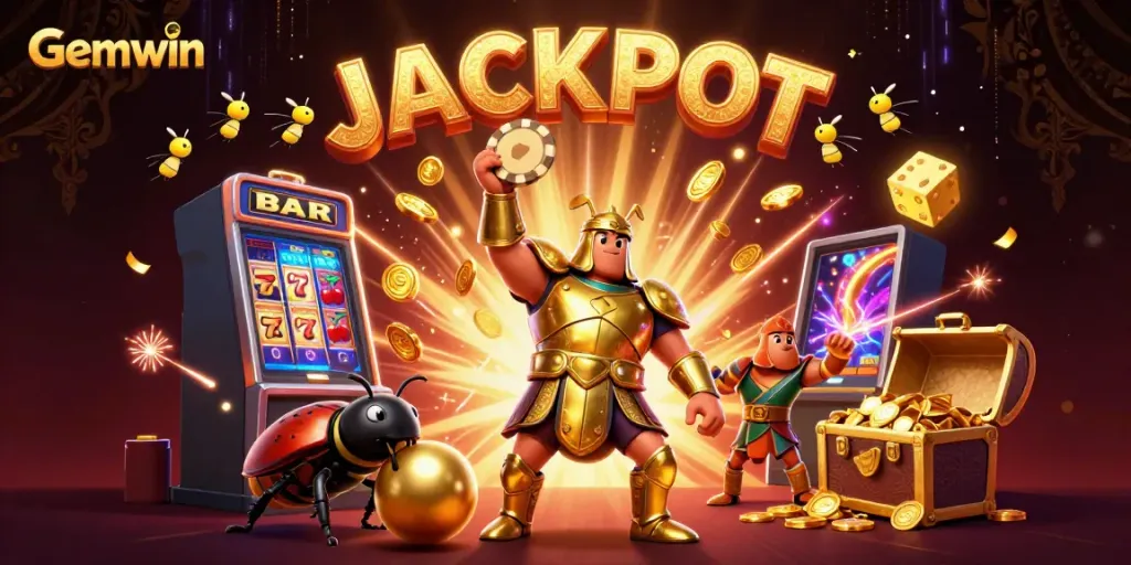 Gemwin gameplay celebration with a hercules beetle lifting a poker chip and slot machine jackpot explosion