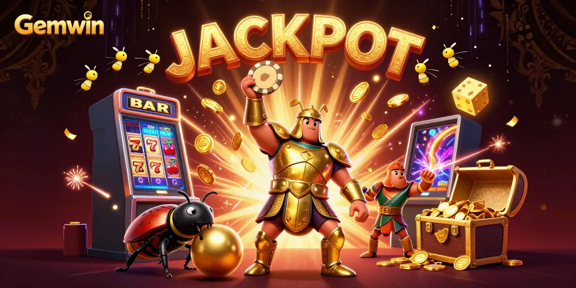Gemwin gameplay celebration with a hercules beetle lifting a poker chip and slot machine jackpot explosion